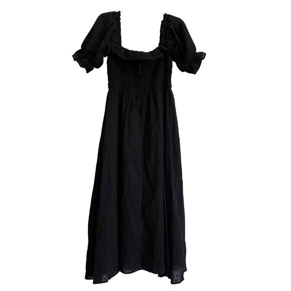 Women’s‎ Maxi Black Dress Square Neck Puff Sleeves Sz XL Smoked Flowy Polka Dot - Picture 1 of 11